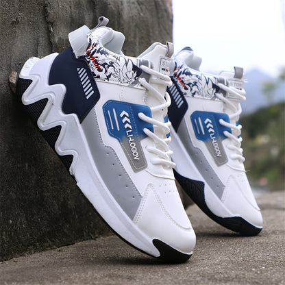 Men's High-Top Basketball Sneakers, Preppy Street Style, Solid Color with Cartoon & Stripes, All-Season Lace-Up Sports Shoes, Faux Upper, Fabric Inner, Rubber Sole, for Running, Hiking & Casual Wear, Outdoor Activities Shoes