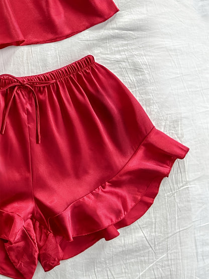 Women'S All-Season V-Neck Pajama Set - Comfortable, Sexy, Polyester 4pcs Sleepwear with Tie Waist And Drawstring Shorts, Perfect for Autumn And Winter, Autumn Winter Sleepwear | Stylish Sleepwear | Polyester Fabric