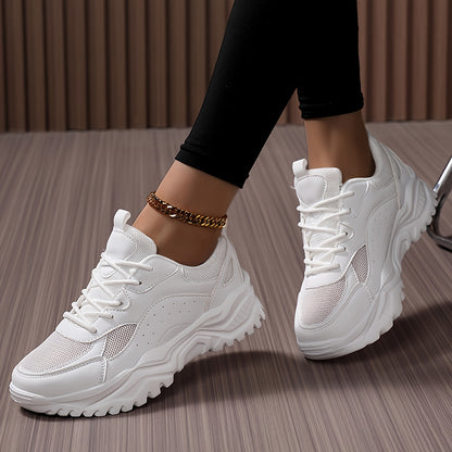 Women's Lightweight Chunky Sneakers - Versatile Korean Style Dad Shoes with Thick Sole, Breathable Mesh Upper, Casual Lace-Up Athletic Footwear in White, Green/White, and Black/Pink