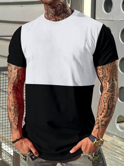 Men'S Fashion Casual Crew Neck Short Sleeve T-Shirt, Polyester Blend, Slight Stretch, Solid Color, Summer, Regular Fit, Knit Fabric, 180g/m², with Embellished Graphic for Adult