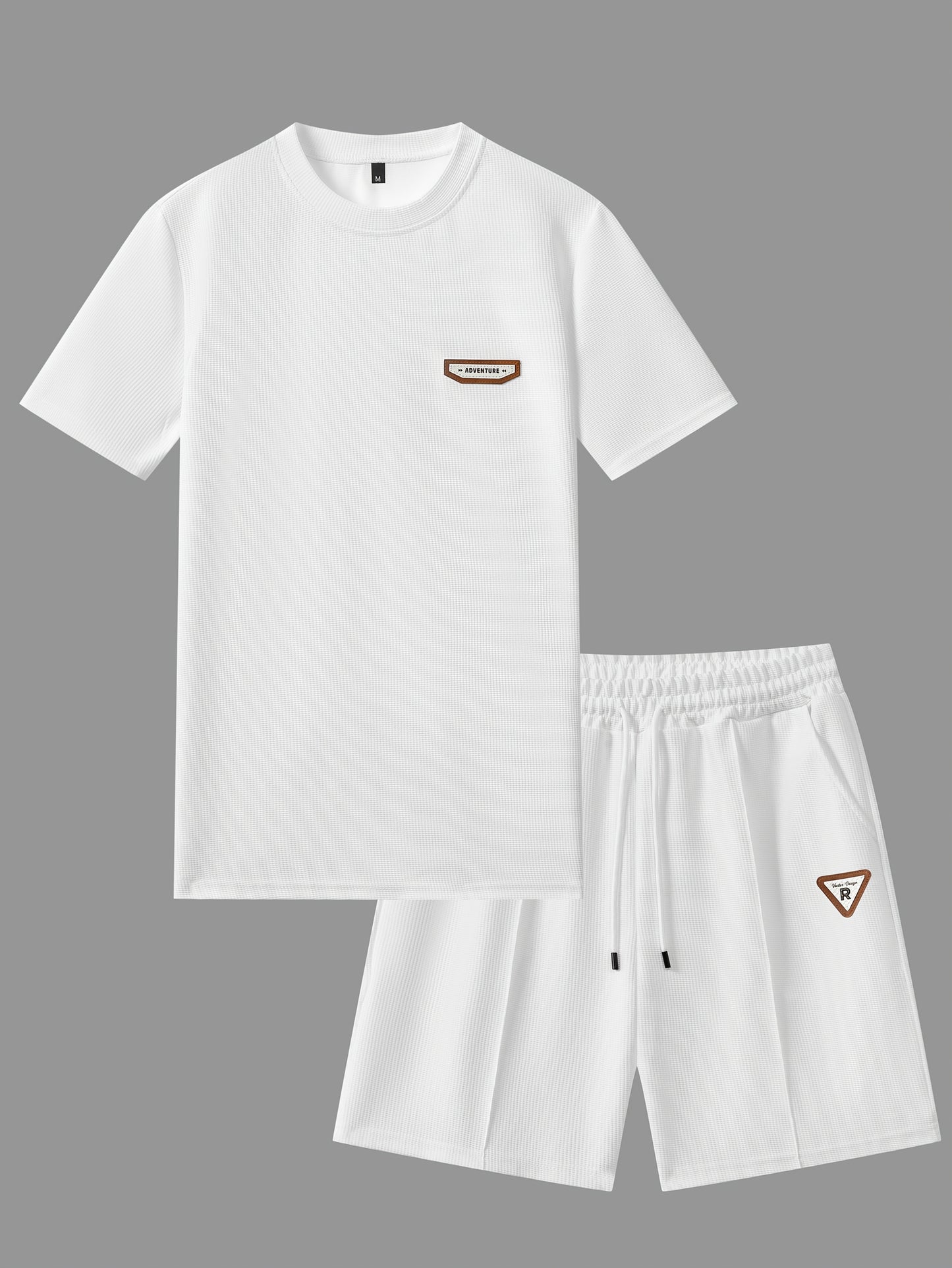 Men's Waffle Round Neck Top with Label, Short Sleeve T-shirt and Drawstring Shorts for Clean and Comfortable Spring/Summer Wear