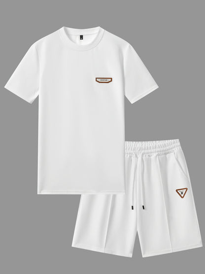 Men's Waffle Round Neck Top with Label, Short Sleeve T-shirt and Drawstring Shorts for Clean and Comfortable Spring/Summer Wear