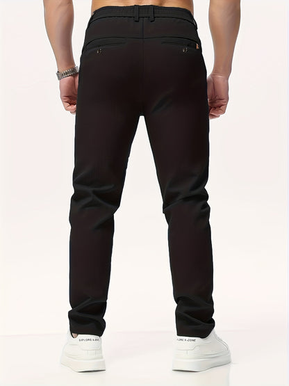 Men's Casual Solid Color Pants - Polyester, Machine Washable, Button Detail, Regular Fit for All Seasons