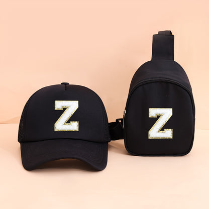 2pcs Kids' Printed Alphabet Pattern Set, Includes 1 Black Stylish Breathable Trucker Hat and 1 Black Crossbody Bag, Lightweight Sun Hat with Small Coin Purse, Suitable for Boys and Girls Aged 5-10 for Daily Outings and Back-t