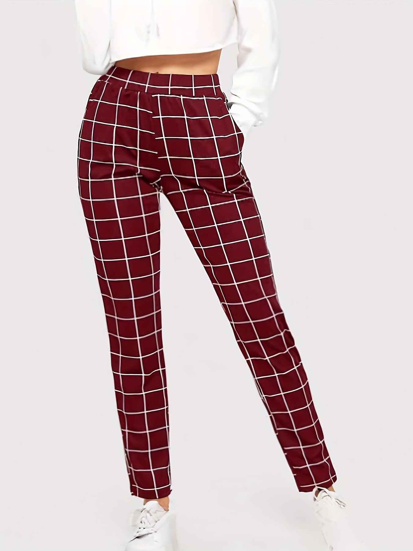 Plaid Print High Waist Pants Elegant Straight Leg Slants Pockets Pants, Women's Clothing
