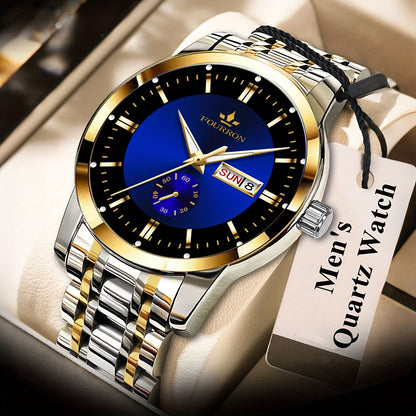 1 New Brand Men'S Luxury Automatic Quartz Watch with Stainless Steel Strap, Blue Dial, Date Display, and Luminous Hands - Waterproof, Stylish for Casual Attire, Perfect Gift for Holidays and Birthdays, Casual Wear Watch | Ele