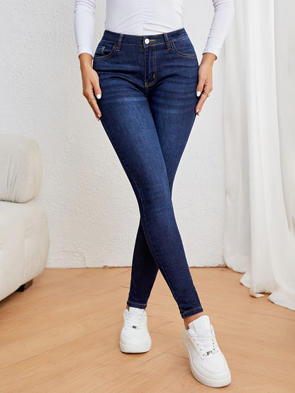 Women's Casual Plain Light Blue Skinny Jeans, Stretchy Denim Pants, Classic Design, High Waist Slim Fit For Everyday Fashion - Perfect For Fall & Winter
