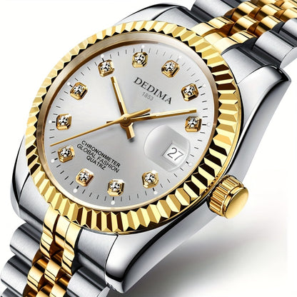 DEDIMA Elegant Stainless Steel Band Calendar Watch, Quartz Movement, Round Dial with Rhinestones, Battery-Powered, Non-Rechargeable Button Battery, Regular Cleaning, for Men, Women, Students, Christmas, Valentine'S Day, Thank