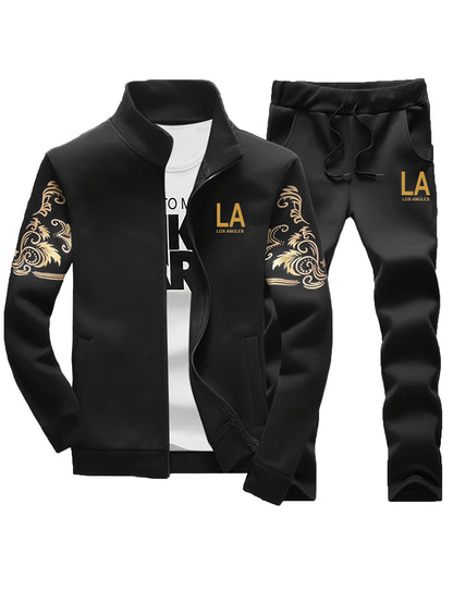 Men's Casual 2-Piece Outfit, Stylish Printed Full Zip Jacket & Drawstring Pants, Casual Sportswear Suit