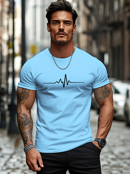 Men'S Brown T-Shirt with ECG Heartbeat Graphic - Casual Streetwear, Short Sleeve, Round Neck, Stretch Fabric, All-Season Comfort, Casual Streetwear Tee | Round Neck Tshirt | Comfortable Fit