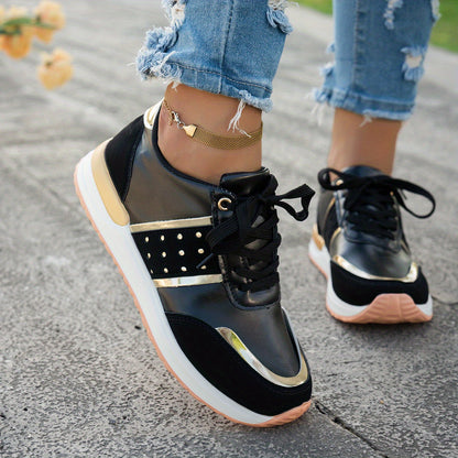 Women'S Chunky Platform Sneakers - Pastel Yellow & Pink Synthetic Cover Low-Top Lace-Up Shoes with Golden Accents, Breathable Fabric Lining, Durable PU Sole for All-Season Casual Wear, Ladies Sneakers, Comfortable Footwear
