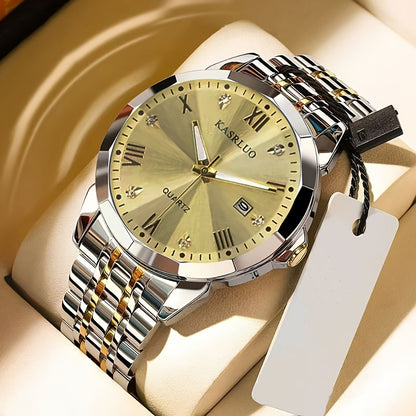 KASRLUO Men's Elegant Stainless Steel Watch with Crystal Roman Numerals & Date Display - Business Style, Quartz Movement