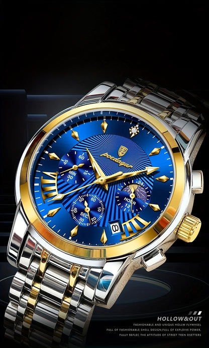 BINBOND Men'S Luxury Quartz Watch - Stainless Steel Band, Blue & Golden Skeleton Dial, Water-Resistant, Elegant Design for Casual Attire, Perfect Gift for Christmas, Valentine'S Day, or Thanksgiving, Business Watch | Stylish
