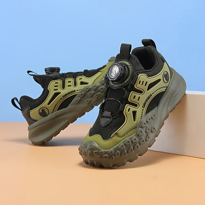 Boys' Breathable Mesh Sneakers with Rotating Button Closure - Lightweight EVA Sole, Durable PU & Fabric Upper, All-Season Outdoor Hiking Shoes for (Black/Green/Red Accents)