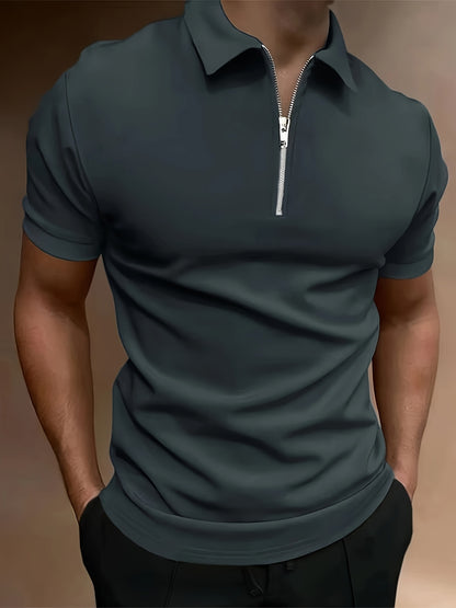 Casual Stretch Men's Solid Color Zipper Lapel Golf Shirt, Male Summer Streetwear