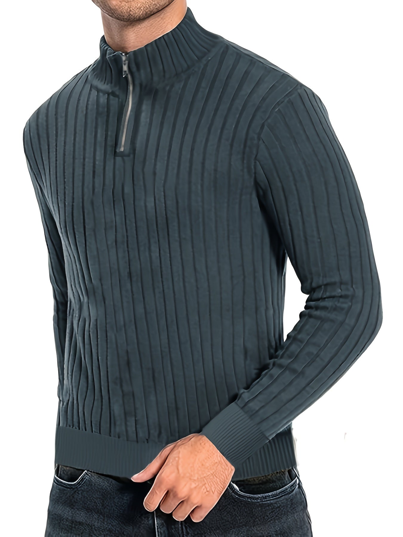Men'S Casual Polyester Sweater, Solid Color, High Neck Quarter Zip, Long-Sleeved Pullover, Regular Fit, 100% Polyester Knit Fabric, 230g/m² - Fall/Winter Essential