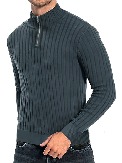 Men'S Casual Polyester Sweater, Solid Color, High Neck Quarter Zip, Long-Sleeved Pullover, Regular Fit, 100% Polyester Knit Fabric, 230g/m² - Fall/Winter Essential