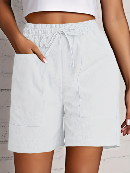 Women's Beige Cargo Shorts - Casual & Stylish, Solid Color with Drawstring Waist and Pockets, Polyester Blend, Machine Washable, All-Season Comfort