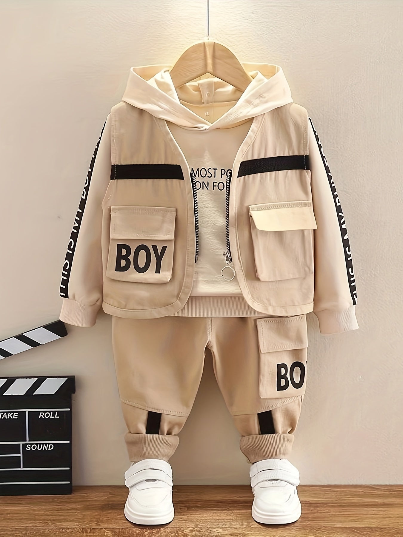 3pcs Boy's Letter Print Hoodie Outfits, Casual Hoodies Long Sleeve Pullover Hooded Sweatshirt & Pants & Vest Set, Ideal For Daily & Outdoor Wear