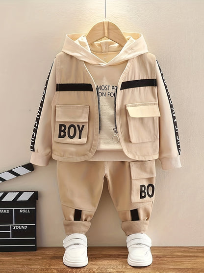 3pcs Boy's Letter Print Hoodie Outfits, Casual Hoodies Long Sleeve Pullover Hooded Sweatshirt & Pants & Vest Set, Ideal For Daily & Outdoor Wear