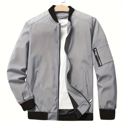 Men'S Casual Bomber Jacket - Maroon Zip-Up Baseball Coat with Black Trim, Long Sleeves, and Front Pockets for Casual Attire, Casual Outerwear | Stylish Casual Jacket | Polyester Lining