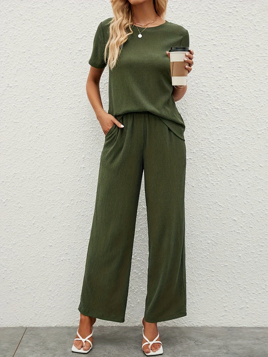 Women'S Olive Green Casual T-Shirt and Wide-Leg Pants Set - Solid Color, Loose Fit, Short Sleeve Top with Ruched Detail, High-Waisted Wide-Leg Pants, Perfect for Spring/Summer, Casual Attire|Ruched Detail Top|Comfortable Fit