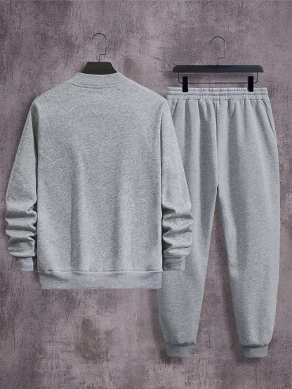 Men'S Casual Polyester Sweatsuit Set with Baseball Collar and Slight Stretch - Solid Color Long Sleeve Knit Fabric Track Suit for Fall/Winter