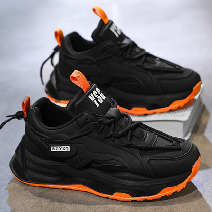 Men's Trendy Solid Colour Chunky Sneakers, Comfy Non Slip Durable Lace Up Soft Sole Shoes For Men's Outdoor Activities