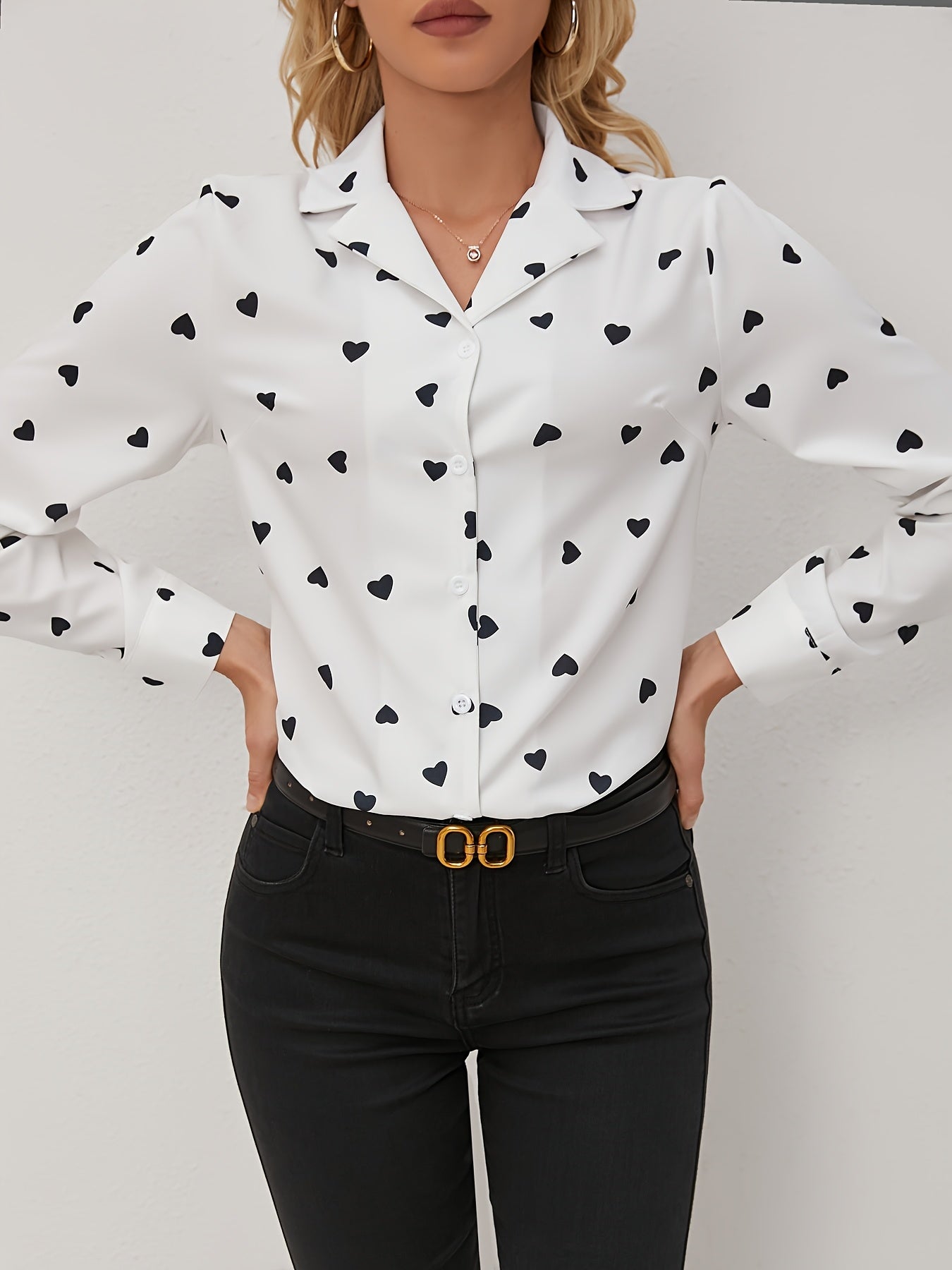 Elegant Women's Heart Pattern Long Sleeve Button-Up Shirt - Semi-Sheer, Polyester, Machine Washable - Perfect for Spring/Fall