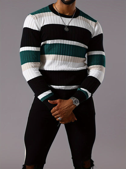 Men's Striped Color-Block Ribbed Knit Sweater - Long Sleeve Round Neck Pullover with Elastic Comfort Fit, Machine Washable Casual Fall Winter Top in Black/White/Green/Beige, Knit Sweater, Medium Elasticity