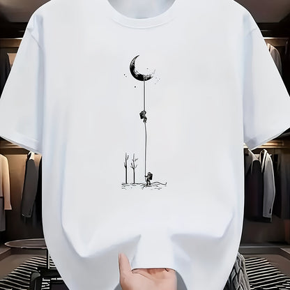 Men's Casual Graphic T-Shirt - Soft Polyester Blend, Crew Neck, Short Sleeve, Summer Style with Unique Moon and Figures Print, Lightweight and Comfortable for Casual Attire, Everyday Tshirt | Artistic Design Shirt | Lightweig
