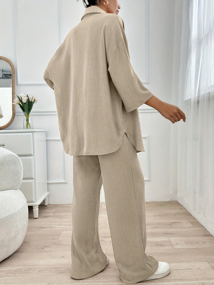 Women'S Elegant Two-Piece Beige Casual Suit - Cropped Top & Wide-Leg Pants with Pockets, Perfect for All Seasons, Stylish Home Attire|Casual Attire|Pocketed Pants