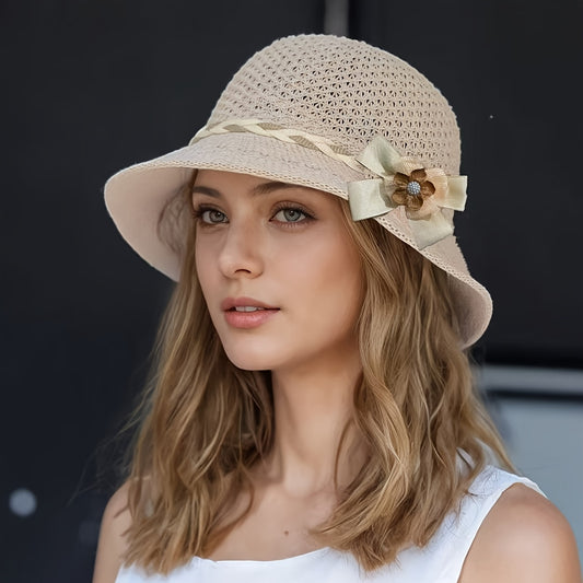 1pc Elegant Women's Floral-Decorated Straw Hat - Breathable Hollow Fisherman Sun Hat with Wide Brim, Jacquard Beige & Brown Summer Beach Hat for Outdoor Travel, Casual Outings & Daily Wear, Fishing Hat, Decorative Bow Accent,