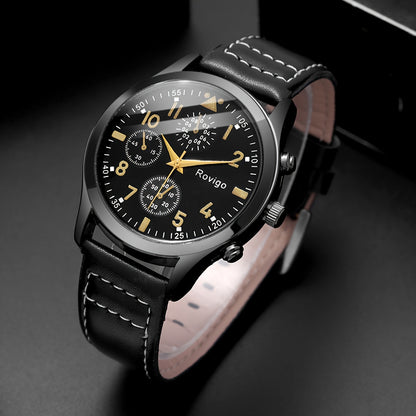 2pcs Men's Fashion Quartz Watch & Golden Dumbbell Beaded Bracelet Set - Casual Business Style, Faux Leather Strap, Alloy Case - Perfect Gift Box Included
