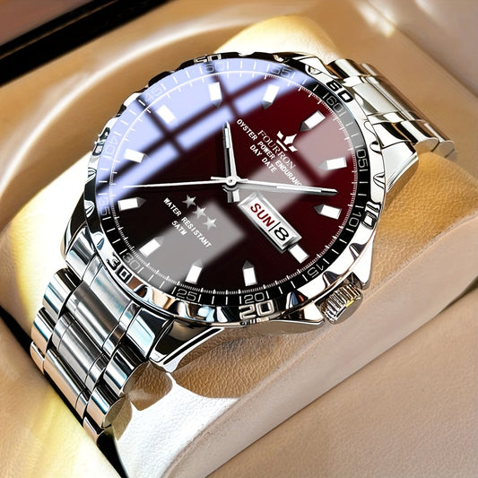 FOURRON Stainless Steel Quartz Watch with Black Dial, Date Display, Waterproof, Lightweight, Casual Style, Everyday Watch | Minimalist Watch | Stainless Steel Band