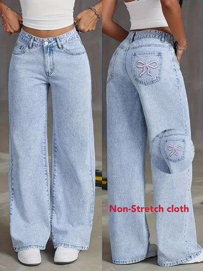 Women's High-Rise Light Wash Blue Denim Wide-Leg Pants with Butterfly Details - Street Style, Non-Stretch Fabric, Machine Washable