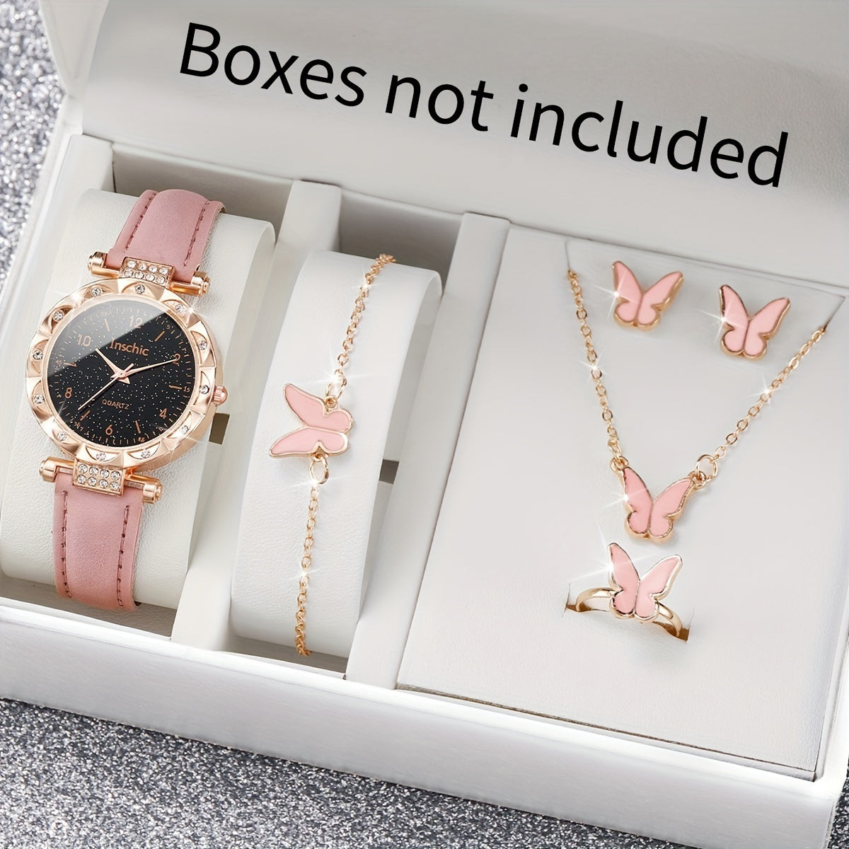 [6pcs Women'S Quartz Watch and Jewelry Set] 6pcs Women'S Quartz Watch and Butterfly Jewelry Set, Round Alloy Case, PU Leather Band, Analog Display with Rhinestone Embellishments, Non-Rechargeable Button Battery, with Gift Set