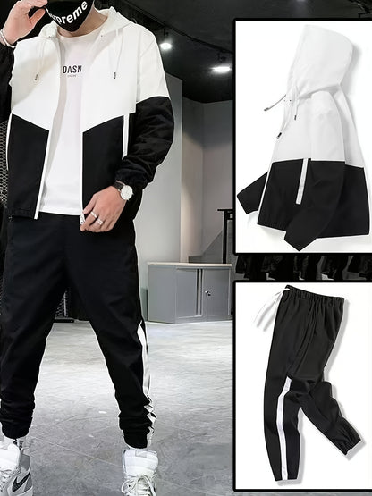 Men's Spring Autumn Outdoor Sports Training Casual Color Block Stitched Hoodie Adjustable Set Home Top and Pants Fashionable Windproof Jacket Pants Two-Piece Suit