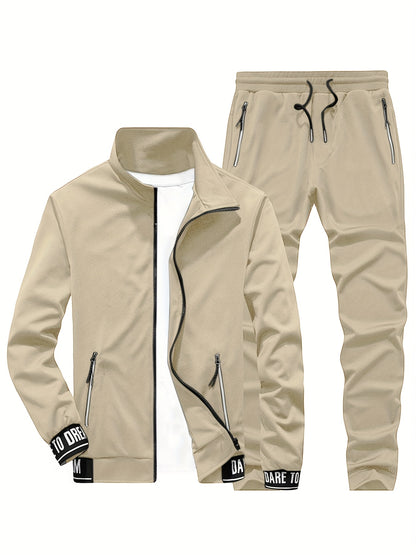 Men'S Casual Sportswear Set - Beige Zip-Up Jacket & Joggers with "DARE TO BE" Print, Long Sleeve, Pockets, and Drawstring Waist, Perfect for Running and Leisure Activities, Spring/Fall Collection, Spring Fall Attire | Zipup J