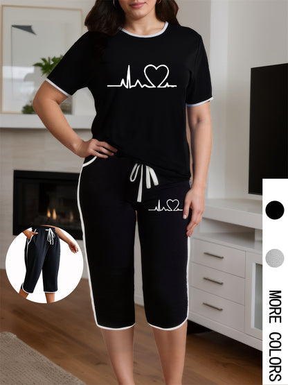 Plus Size - Summer Plus Size Women'S Two-Piece Set with Heart Print Short Sleeve Round Neck Top and Pleated Pockets Cropped Pants Casual Women'S Two-Piece Set