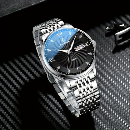 POEDAGAR Men's Luxury Retro Calendar Watch with Blue Dial, Date & Day Display, Quartz Movement, Stainless Steel Band - Perfect Gift for Students & Professionals, Student Wristwatch | Retro Wristwatch | Decorative Dial