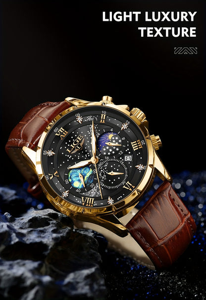 LIGE Luxury Quartz Chronograph Watch with Luminous Hands - Elegant Round Alloy Case, Blue Dial with Roman Numerals, Starry Night Design, Button Battery, Faux Leather Strap, Stylish Accessory|Starry Night Design|Luminous Hands