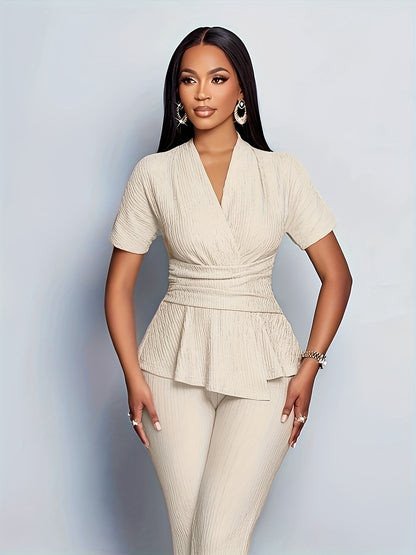 Women's Elegant Casual Solid Color Textured Pants Set
