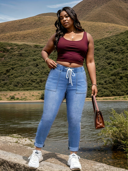 Plus Size Casual Jeans, Women's Plus Washed Elastic Drawstring High Rise High Stretch Jeans