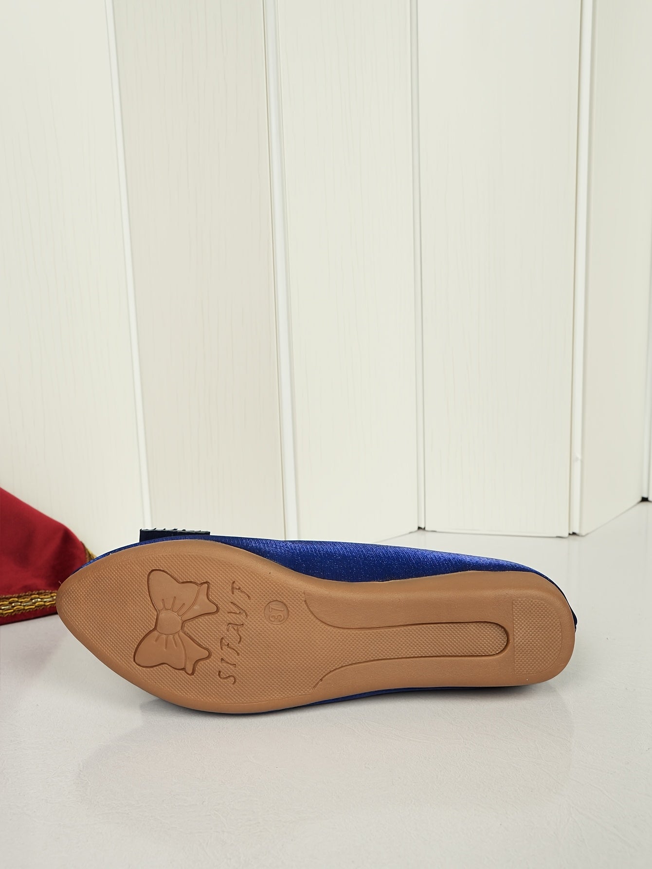 Women's Elegant Red Slip-On Flats with Golden Double Buckle Design - Comfortable Faux Cover Shoes for All Seasons, Pointed Toe Rubber Sole, Perfect for Casual or Dressy Occasions, Dressy Flats | Buckle Embellished Shoes | Lux