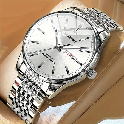 Banbony Men'S Stainless Steel Band Luminous Calendar Watch, IPX7 Waterproof, Quartz Movement, Round Zinc Alloy Case, Casual Fashion Style, with Pointer Display, Battery Powered, Non-rechargeable Button Battery, for B day