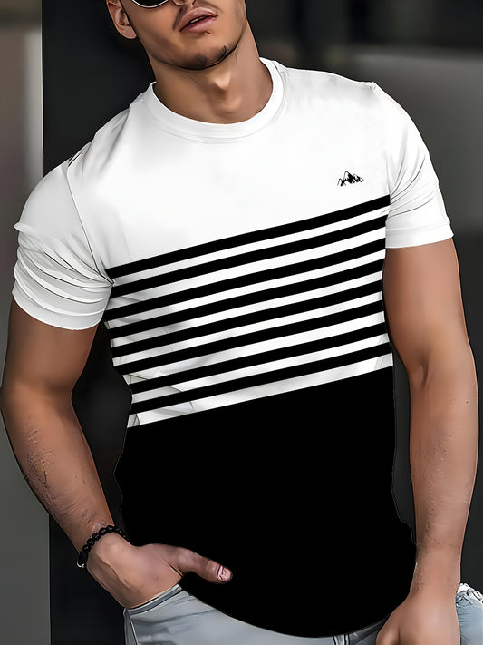 Stylish Men'S Top, a Short-Sleeve T-Shirt with Vibrant 3D Print Striped Patchwork And a Round Neck, Perfect for Summer Street Fashion And Casual Sports.