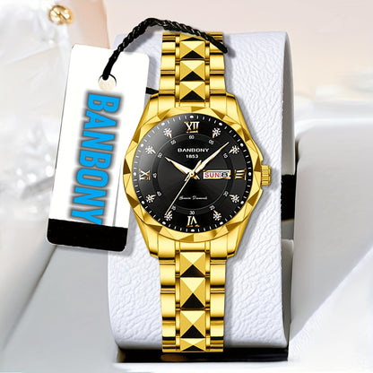 A BANBONY Fashion Brand Women'S Quartz Watch with a Stainless Steel Strap, Adorned with Rhinestones, IPX7 Waterproof, Luminous Display for The Week, Multifunctional Fully Automatic Casual Watch, Perfect Gift for Birthdays, Ho