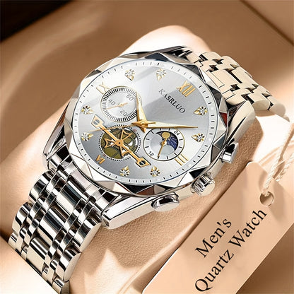 1pc Men'S Stainless Steel Quartz Watch with IPX7, Luminous Display, Rhinestone Accents, Scratch-Resistant Dial, Date Window & Chronograph Function - Stylish Casual Timepiece for Casual Attire, Everyday Timepiece | Luminous Wa