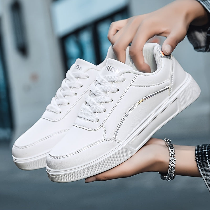 Youngsters' Fashion Sneakers - White PU Upper with Golden Accents, Comfortable & Lightweight Casual Running Shoes for Boys and Girls, All-Season Wear, Low-Top Lace-Up Design, Outdoor Youngsters's Footwear | Fabric Lined Inter